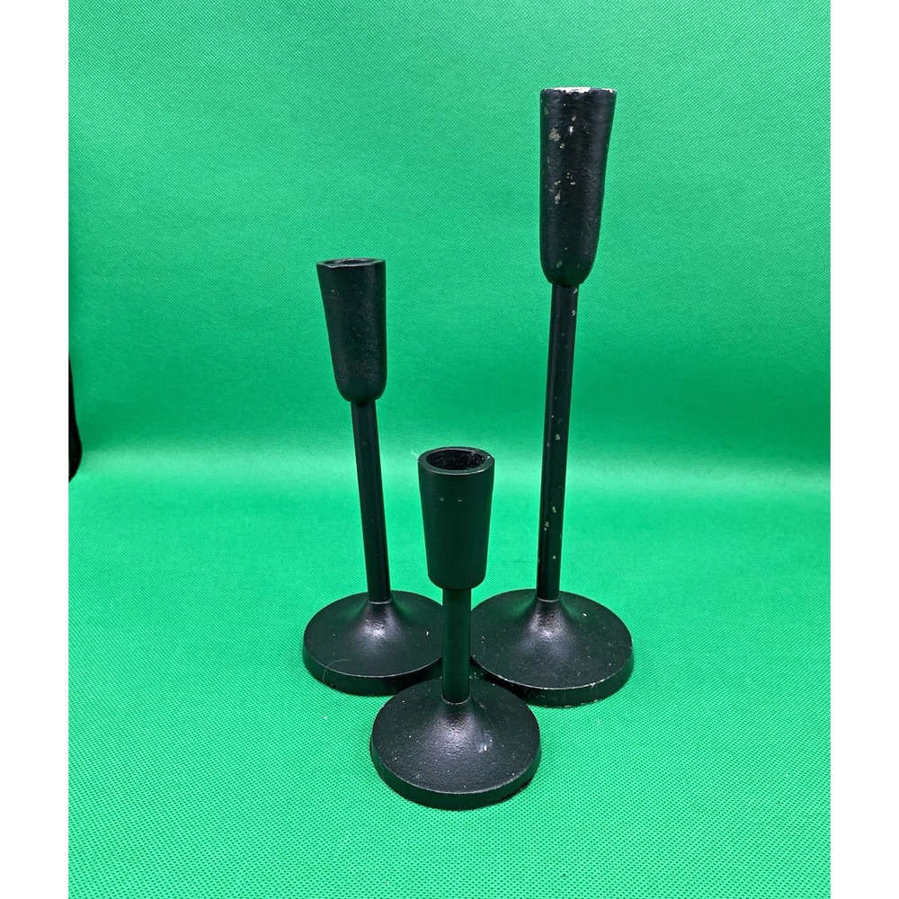Set of 3 Black Metal Taper Candle Holders Freestanding Modern Matte Round